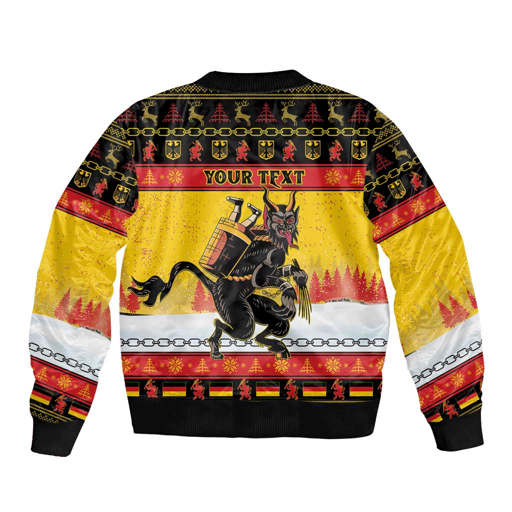 Unisex yellow bomber jacket, back view, Krampus artwork with YOUR TEXT panel