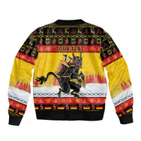 Unisex yellow bomber jacket, back view, Krampus artwork with YOUR TEXT panel