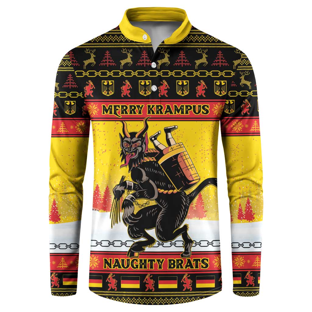 Yellow Christmas button sweatshirt with Krampus front print: “Merry Krampus”