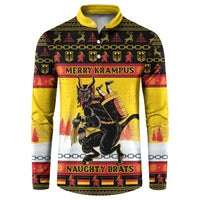 Yellow Christmas button sweatshirt with Krampus front print: “Merry Krampus”
