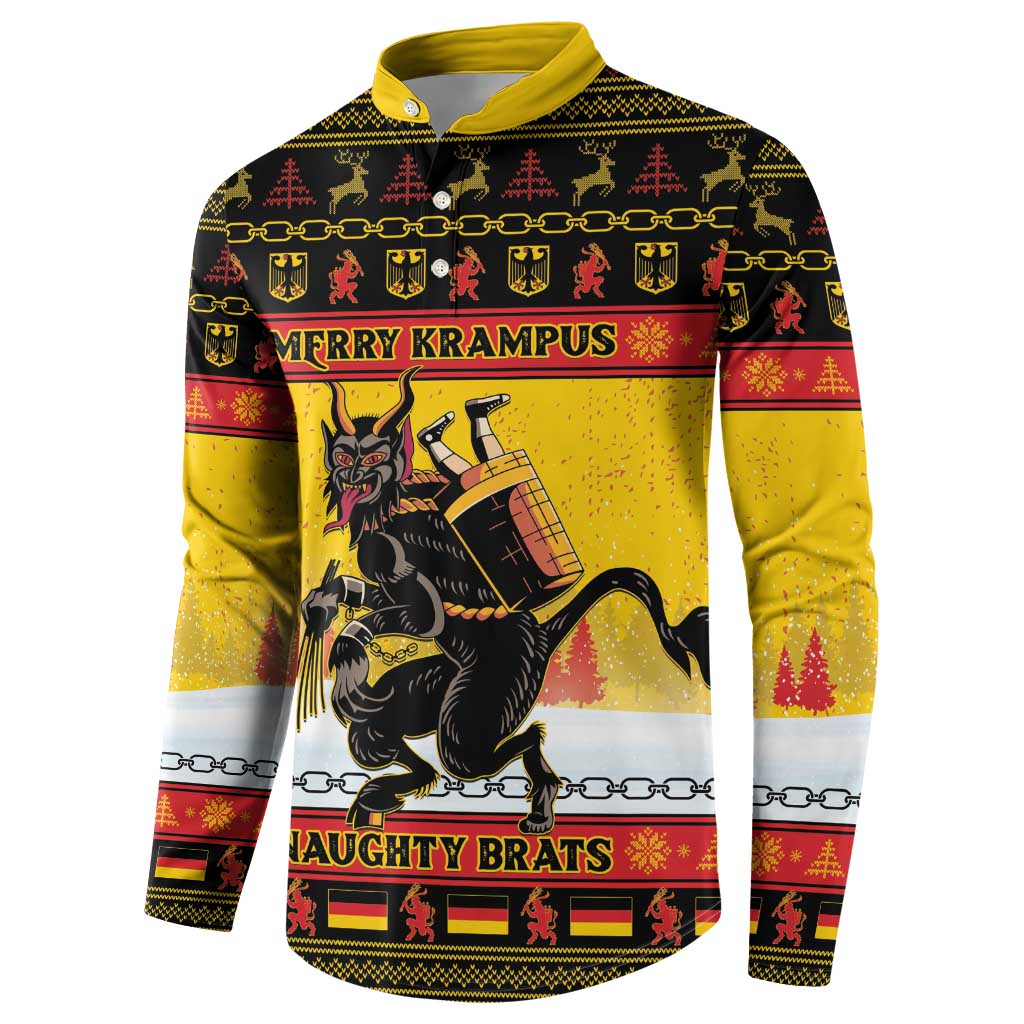 Yellow Christmas button sweatshirt with Krampus front print: “Naughty Brats”