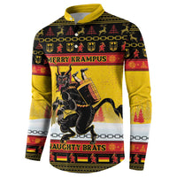 Yellow Christmas button sweatshirt with Krampus front print: “Naughty Brats”