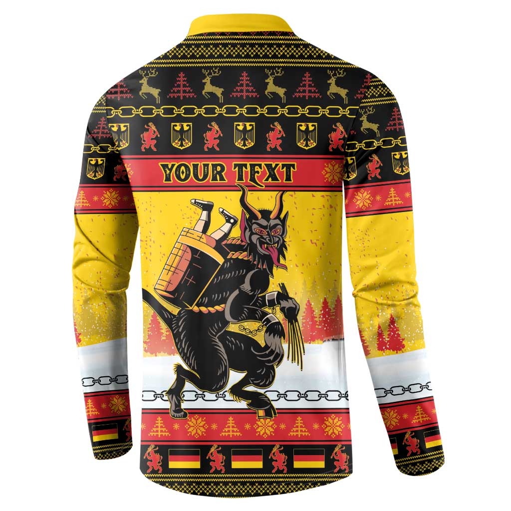 Yellow Christmas button sweatshirt back print with “YOUR TEXT” and Krampus