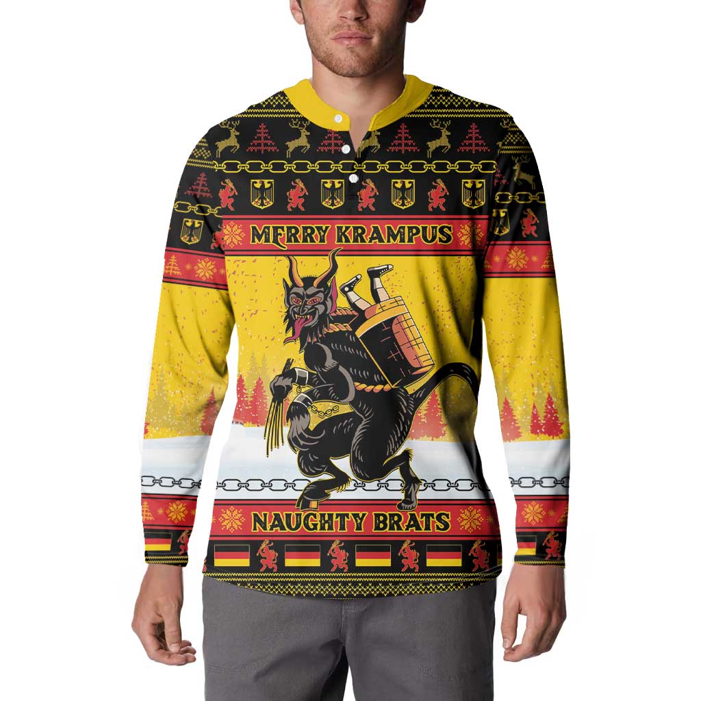 Yellow Christmas button sweatshirt on model, front Krampus graphic: “Merry Krampus”