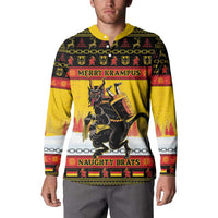 Yellow Christmas button sweatshirt on model, front Krampus graphic: “Merry Krampus”
