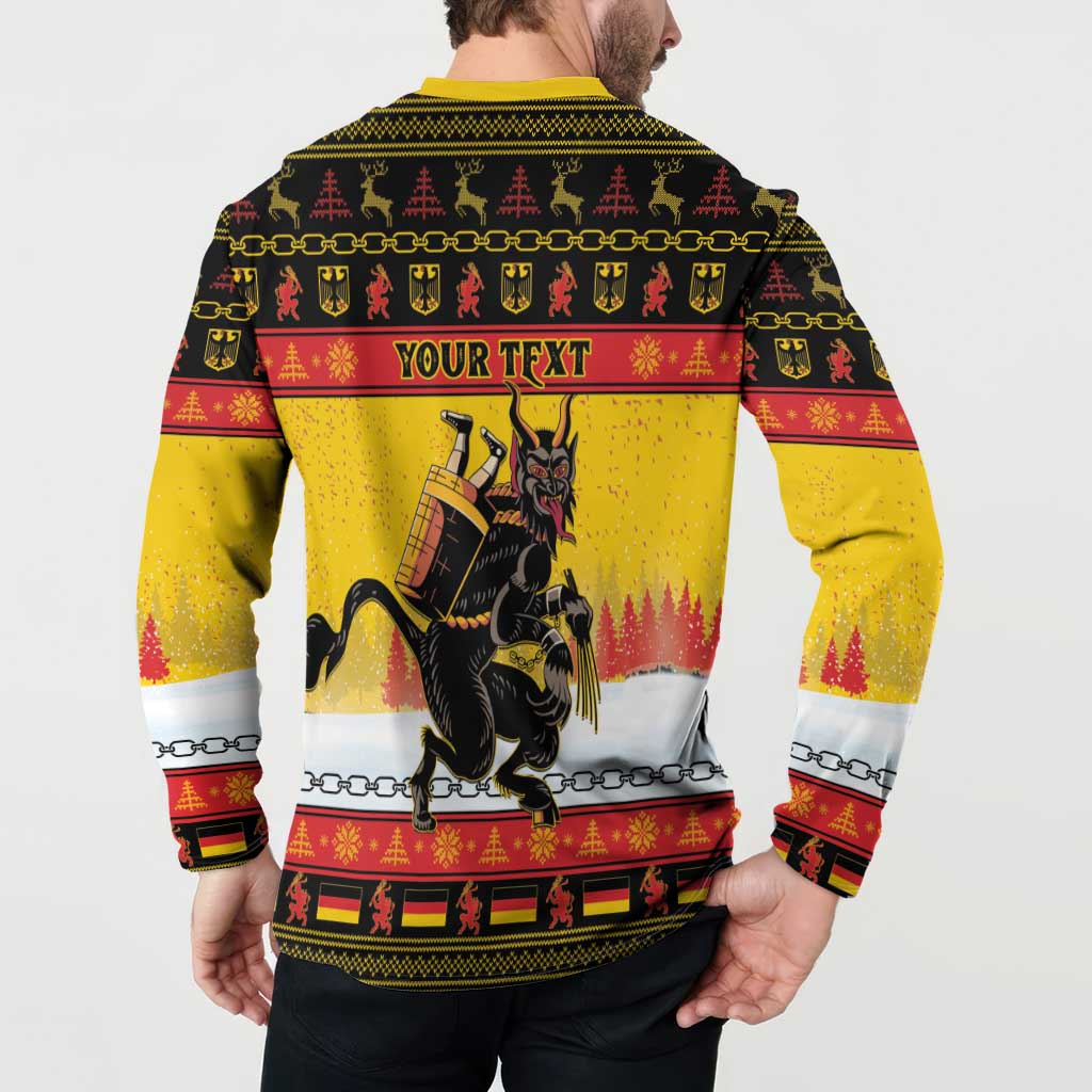 Yellow Christmas button sweatshirt on model, back “YOUR TEXT” over Krampus art
