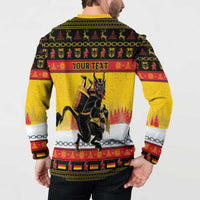 Yellow Christmas button sweatshirt on model, back “YOUR TEXT” over Krampus art