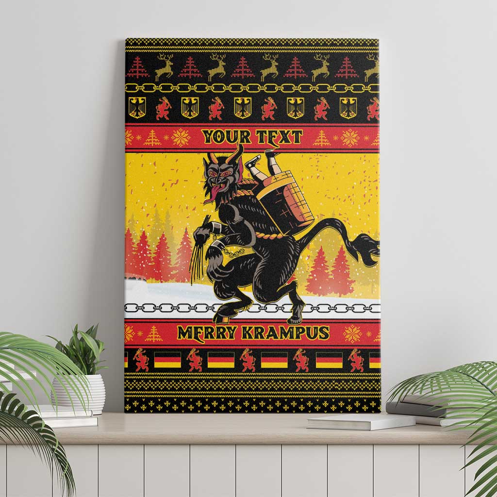 Krampus Christmas canvas wall art with "MERRY KRAMPUS" and "YOUR TEXT" on yellow print