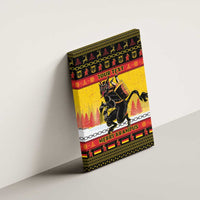 Krampus Christmas canvas wall art with yellow background and "MERRY KRAMPUS" banner