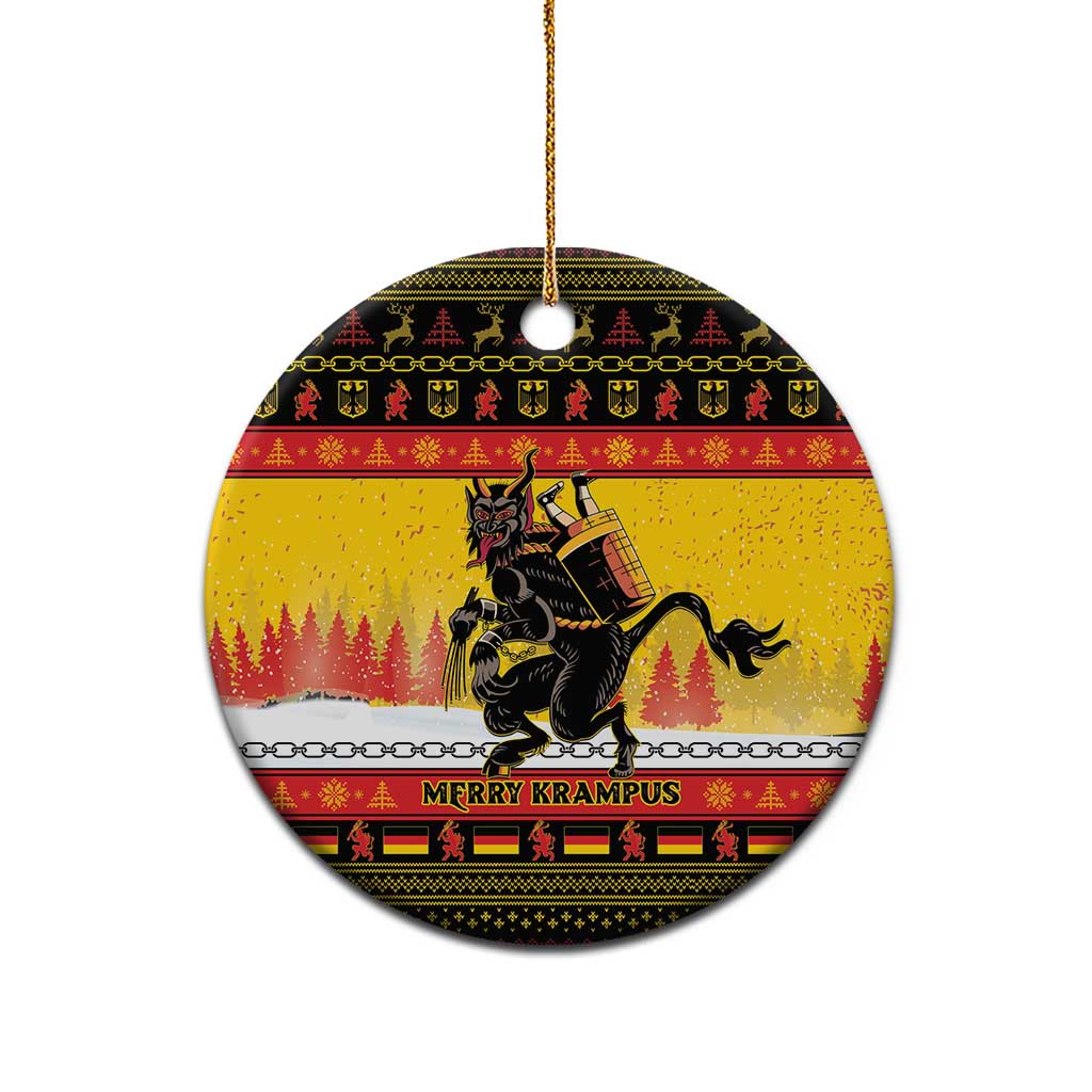 Yellow round ceramic Christmas ornament with Krampus artwork and gold hanging loop.