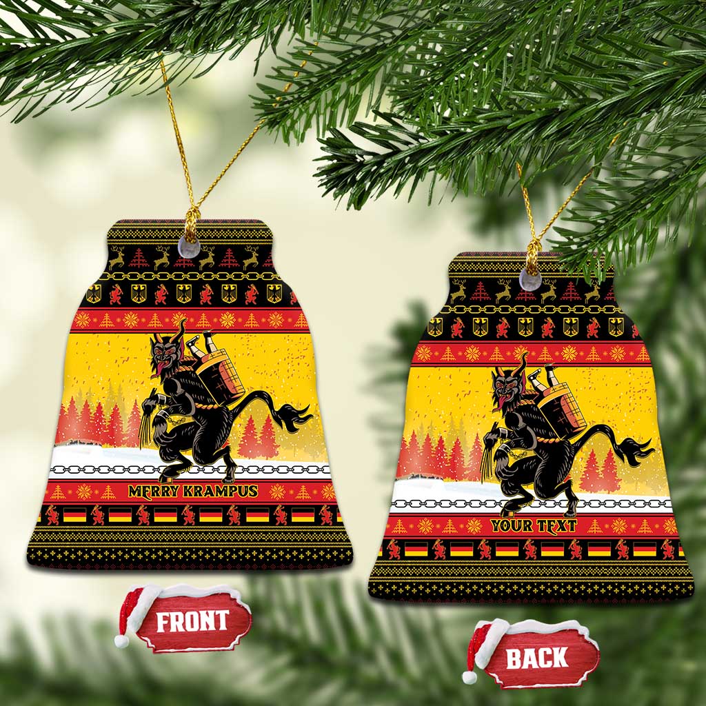 Yellow bell-shaped ceramic Christmas ornament with Krampus artwork and gold hanging string.
