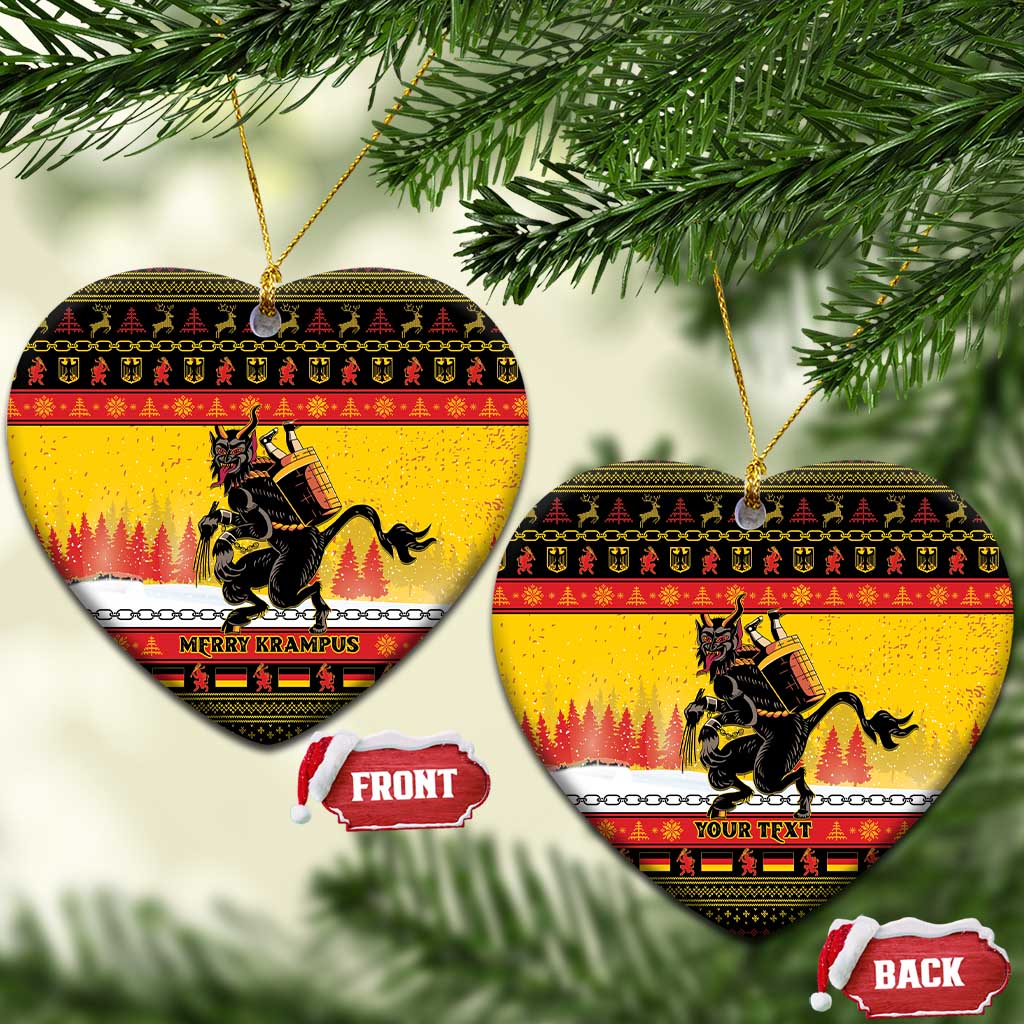Yellow heart-shaped ceramic Christmas ornament with Krampus artwork and gold hanging string.