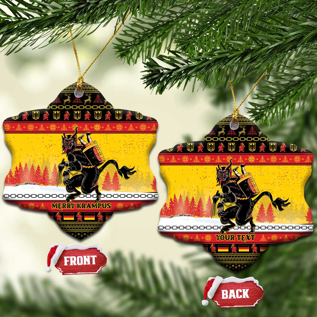 Yellow star-shaped ceramic Christmas ornament with Krampus artwork and gold hanging string.