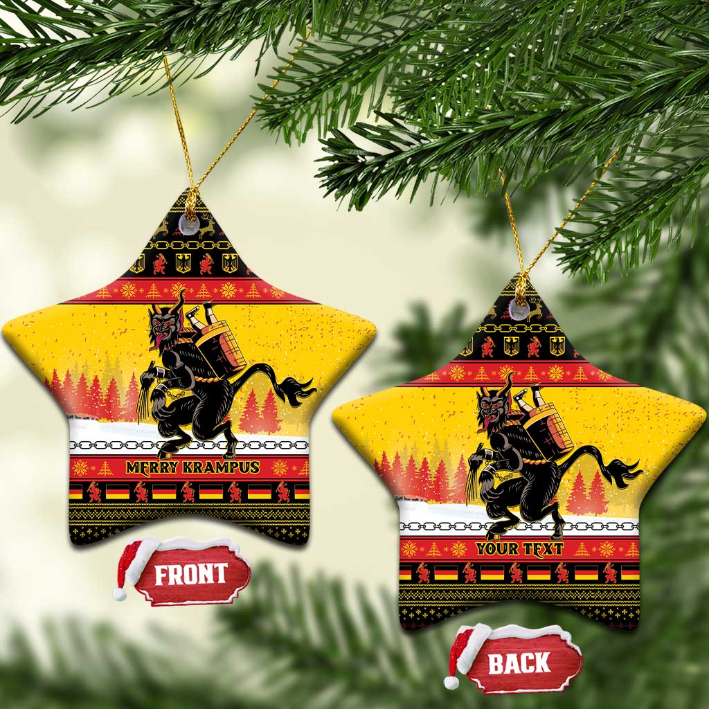 Yellow star-shaped ceramic Christmas ornament with Krampus artwork and gold hanging loop.