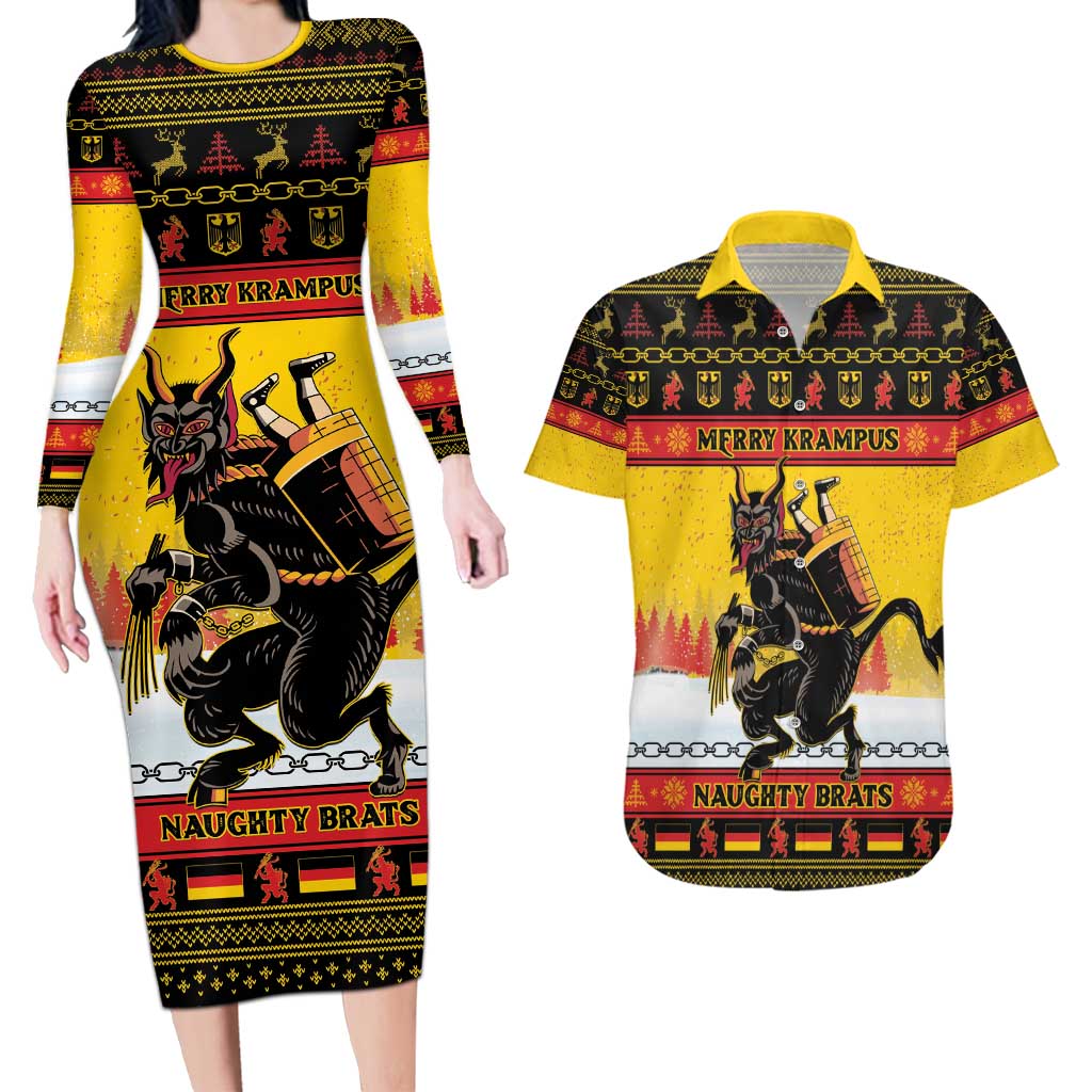 Personalised Germany Christmas Couples Matching Long Sleeve Bodycon Dress and Hawaiian Shirt Merry Krampus - Wonder Print Shop