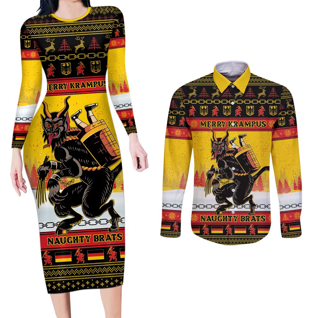 Personalised Germany Christmas Couples Matching Long Sleeve Bodycon Dress and Long Sleeve Button Shirt Merry Krampus - Wonder Print Shop