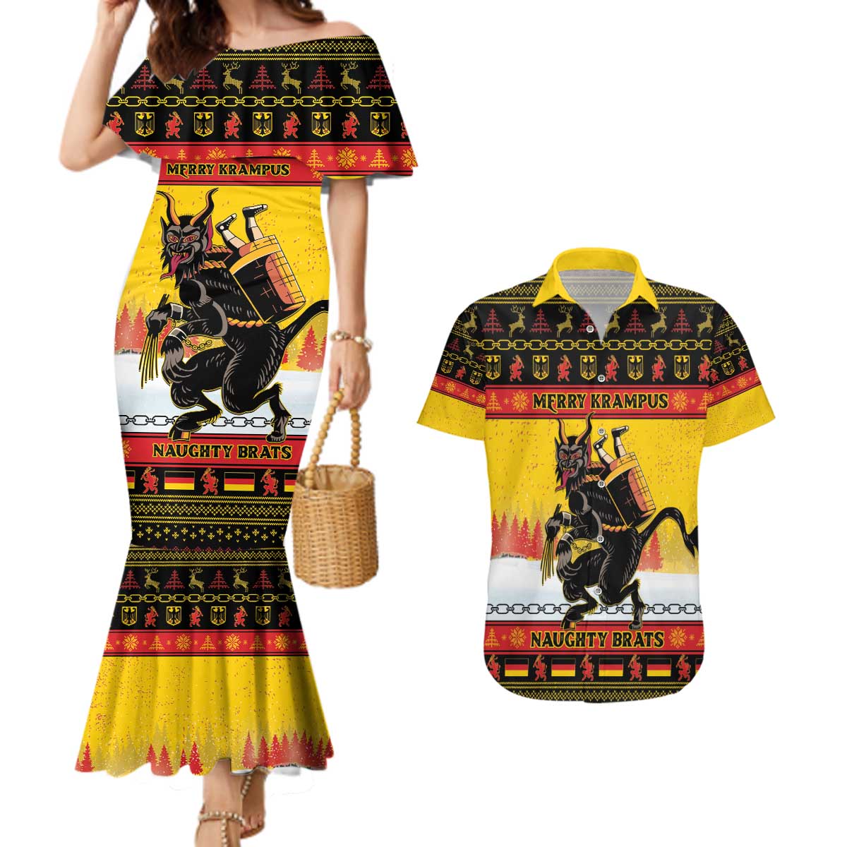 Personalised Germany Christmas Couples Matching Mermaid Dress and Hawaiian Shirt Merry Krampus - Wonder Print Shop