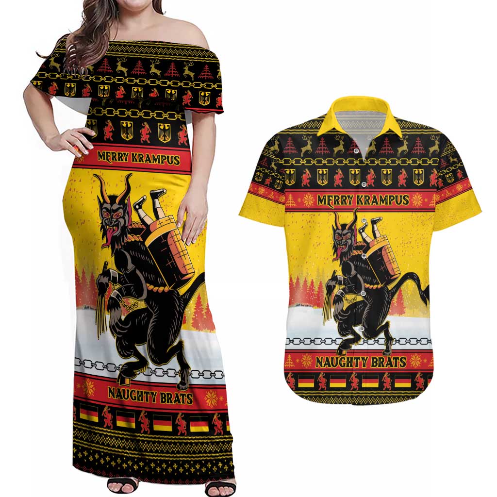 Personalised Germany Christmas Couples Matching Off Shoulder Maxi Dress and Hawaiian Shirt Merry Krampus - Wonder Print Shop