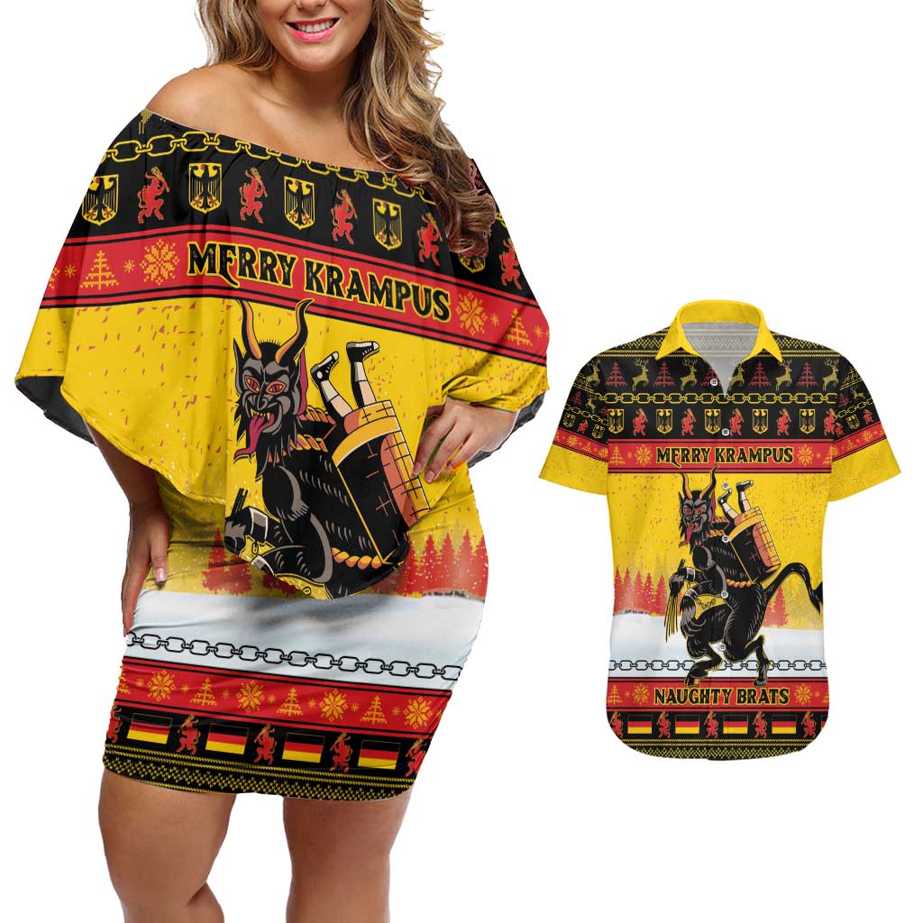 Personalised Germany Christmas Couples Matching Off Shoulder Short Dress and Hawaiian Shirt Merry Krampus - Wonder Print Shop