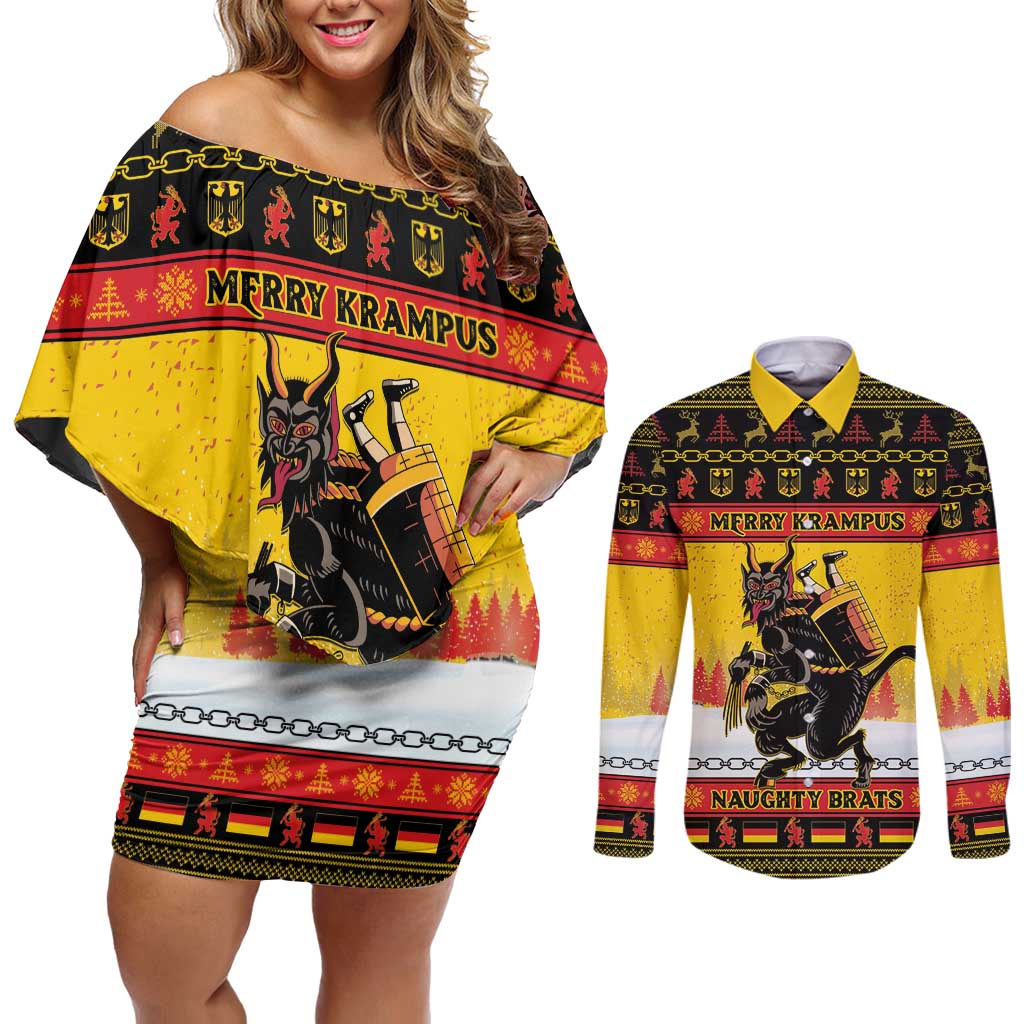 Personalised Germany Christmas Couples Matching Off Shoulder Short Dress and Long Sleeve Button Shirt Merry Krampus - Wonder Print Shop