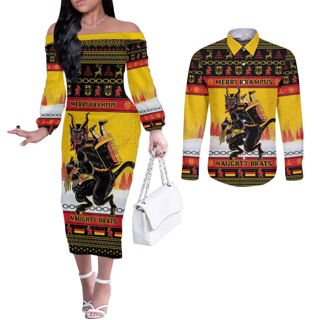 Personalised Germany Christmas Couples Matching Off The Shoulder Long Sleeve Dress and Long Sleeve Button Shirt Merry Krampus