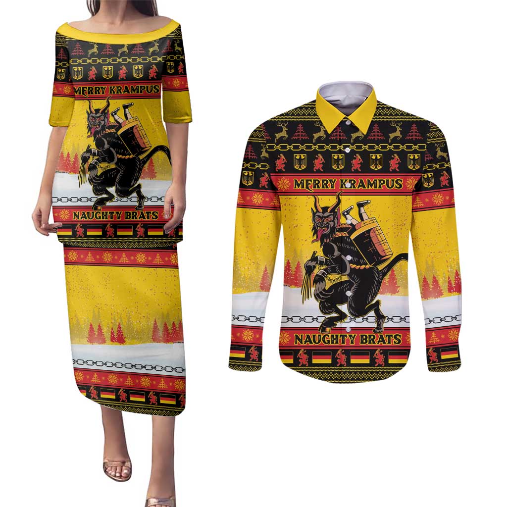 Personalised Germany Christmas Couples Matching Puletasi and Long Sleeve Button Shirt Merry Krampus - Wonder Print Shop