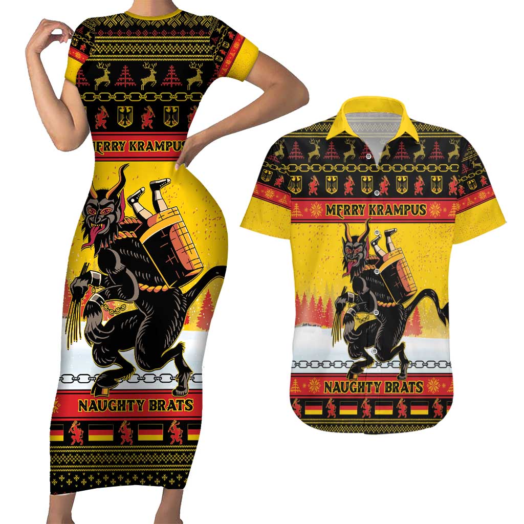 Personalised Germany Christmas Couples Matching Short Sleeve Bodycon Dress and Hawaiian Shirt Merry Krampus - Wonder Print Shop