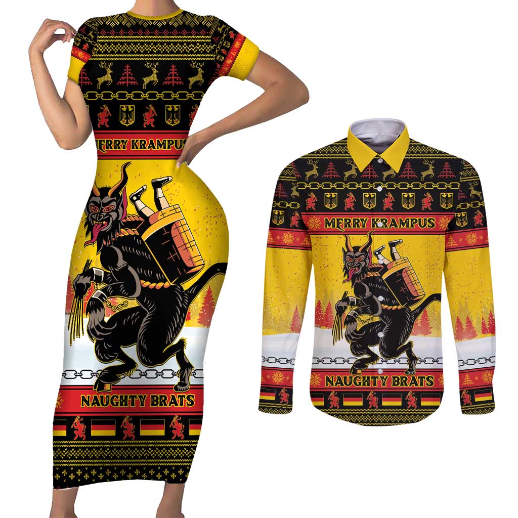 Personalised Germany Christmas Couples Matching Short Sleeve Bodycon Dress and Long Sleeve Button Shirt Merry Krampus - Wonder Print Shop