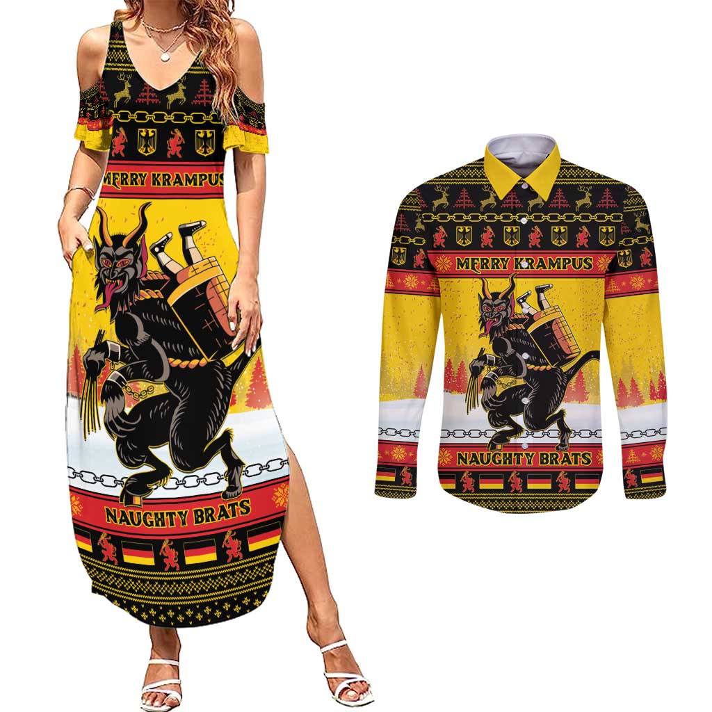 Personalised Germany Christmas Couples Matching Summer Maxi Dress and Long Sleeve Button Shirt Merry Krampus - Wonder Print Shop