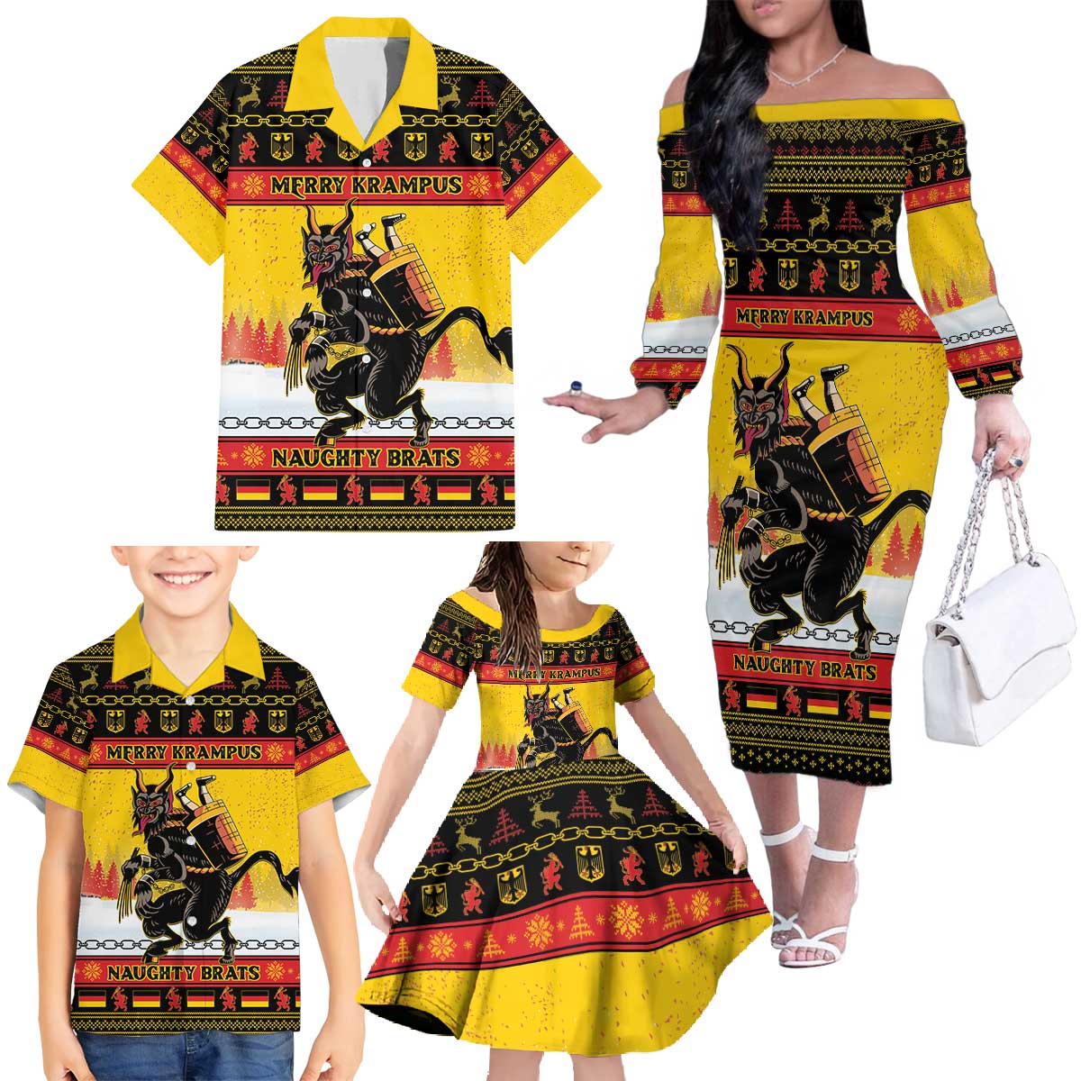 Personalised Germany Christmas Family Matching Off The Shoulder Long Sleeve Dress and Hawaiian Shirt Merry Krampus - Wonder Print Shop