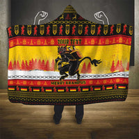 Yellow hooded blanket with Krampus graphic, 'YOUR TEXT' banner, and festive borders