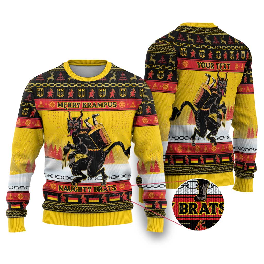 Yellow ugly Christmas sweater, front and back views with Krampus rider and chain pattern