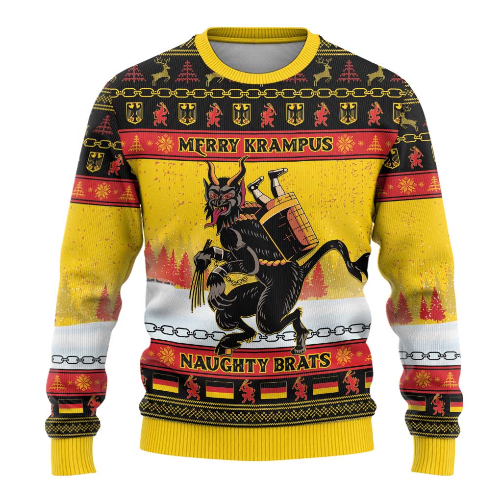 Yellow ugly Christmas sweater with 'Merry Krampus' text, Krampus graphic, red and black stripes