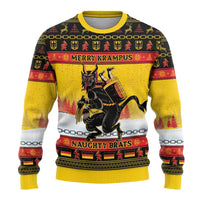 Yellow ugly Christmas sweater with 'Merry Krampus' text, Krampus graphic, red and black stripes