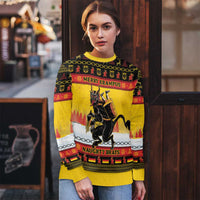 Yellow Krampus ugly Christmas sweater with 'Merry Krampus' and 'Naughty Brats' graphic, crew neck