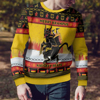 Yellow ugly Christmas sweater with Krampus rider and 'Naughty Brats' text, ribbed cuffs