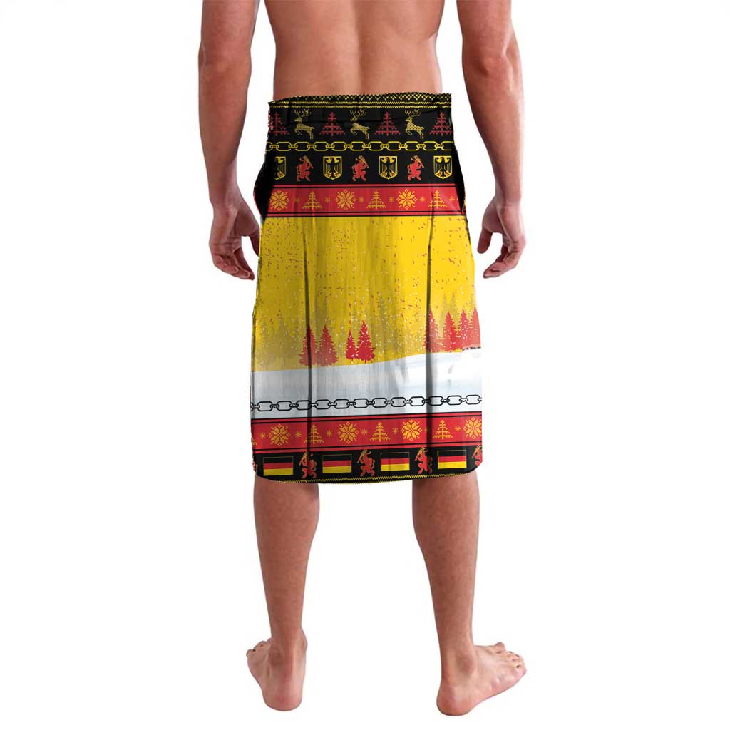 Yellow lavalava sarong with Christmas trees and chain-pattern border