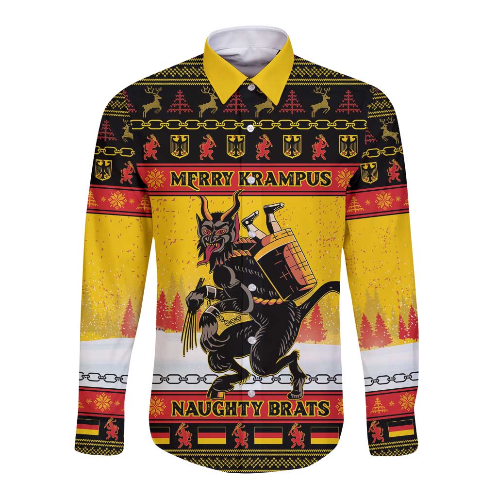 Christmas button-up shirt, yellow collar; front graphic with 'Merry Krampus' text
