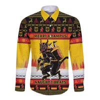 Christmas button-up shirt, yellow collar; front graphic with 'Merry Krampus' text