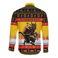 Christmas button-up shirt, yellow collar; back graphic with 'Your Text' panel