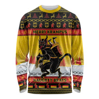 Unisex yellow long-sleeve Christmas shirt with 'Merry Krampus' graphic, crew neck