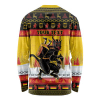 Unisex yellow long-sleeve Christmas shirt with back print 'Your Text' and Krampus graphic