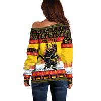 Women’s yellow off-shoulder Christmas sweater, back 'YOUR TEXT' banner with Krampus graphic