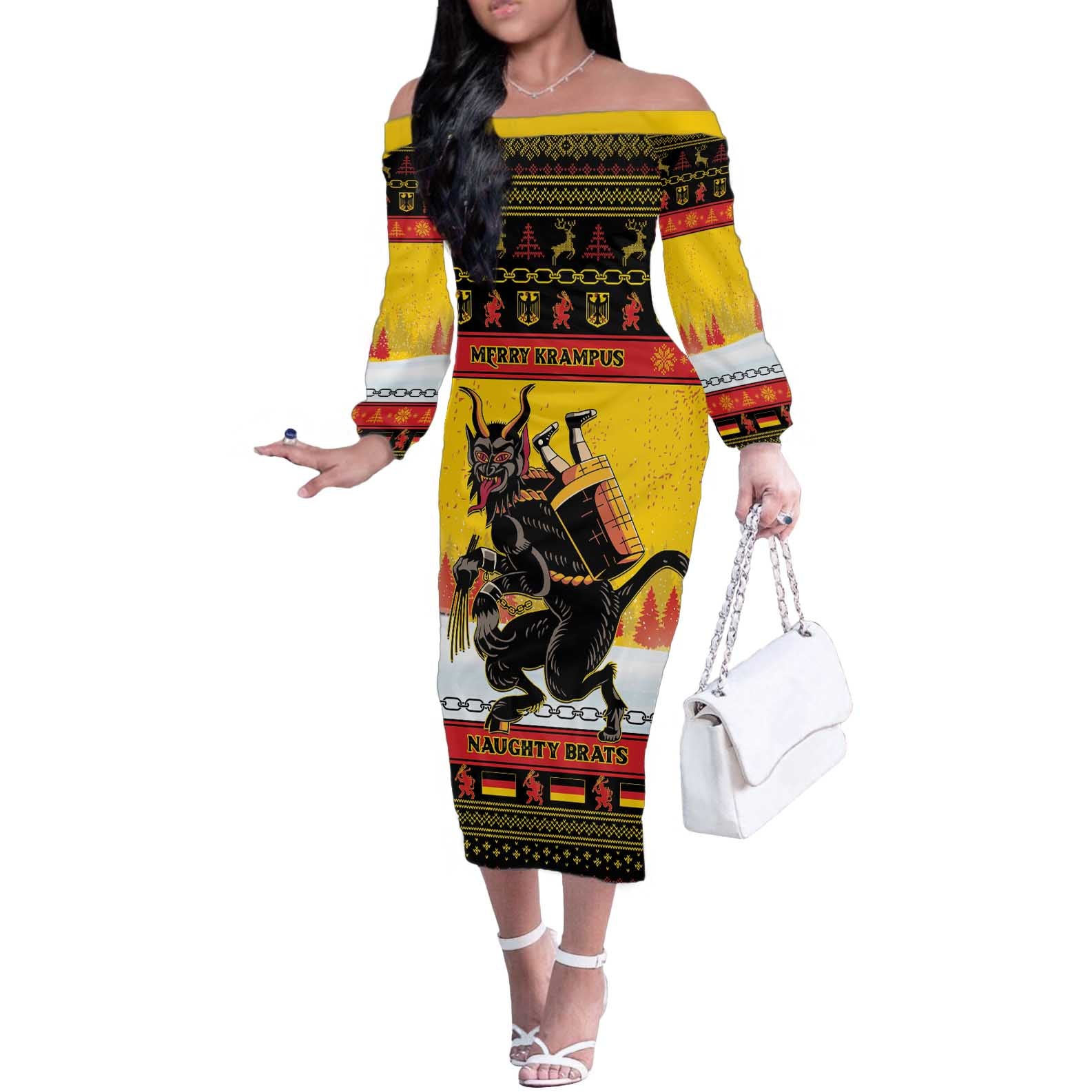 Personalised Germany Christmas Off The Shoulder Long Sleeve Dress Merry Krampus - Wonder Print Shop