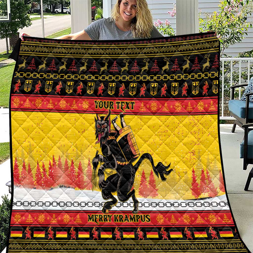 Personalized Germany Christmas quilt, yellow field and red bands with black Krampus and 'YOUR TEXT'