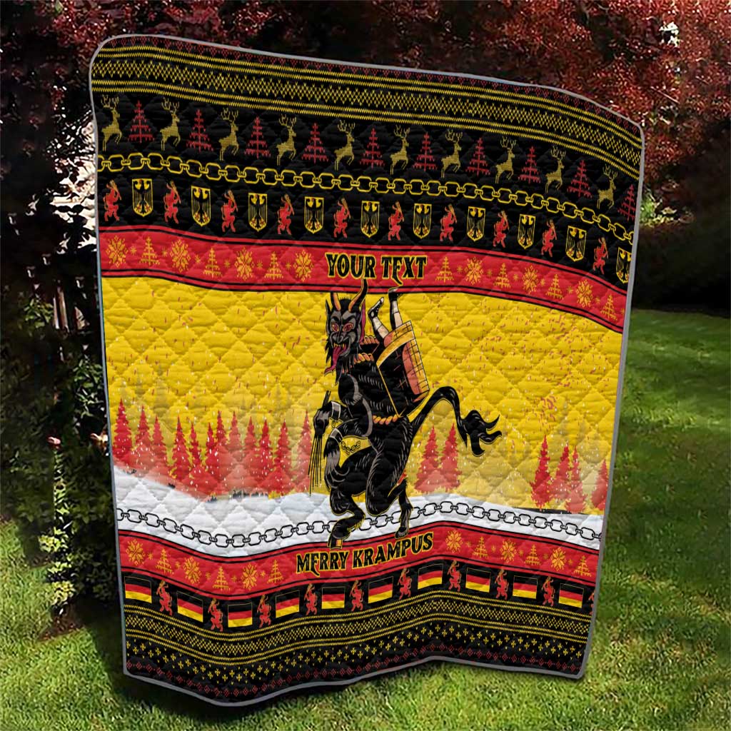 Personalized Germany Christmas quilt close-up, yellow/red with black Krampus and 'MERRY KRAMPUS'