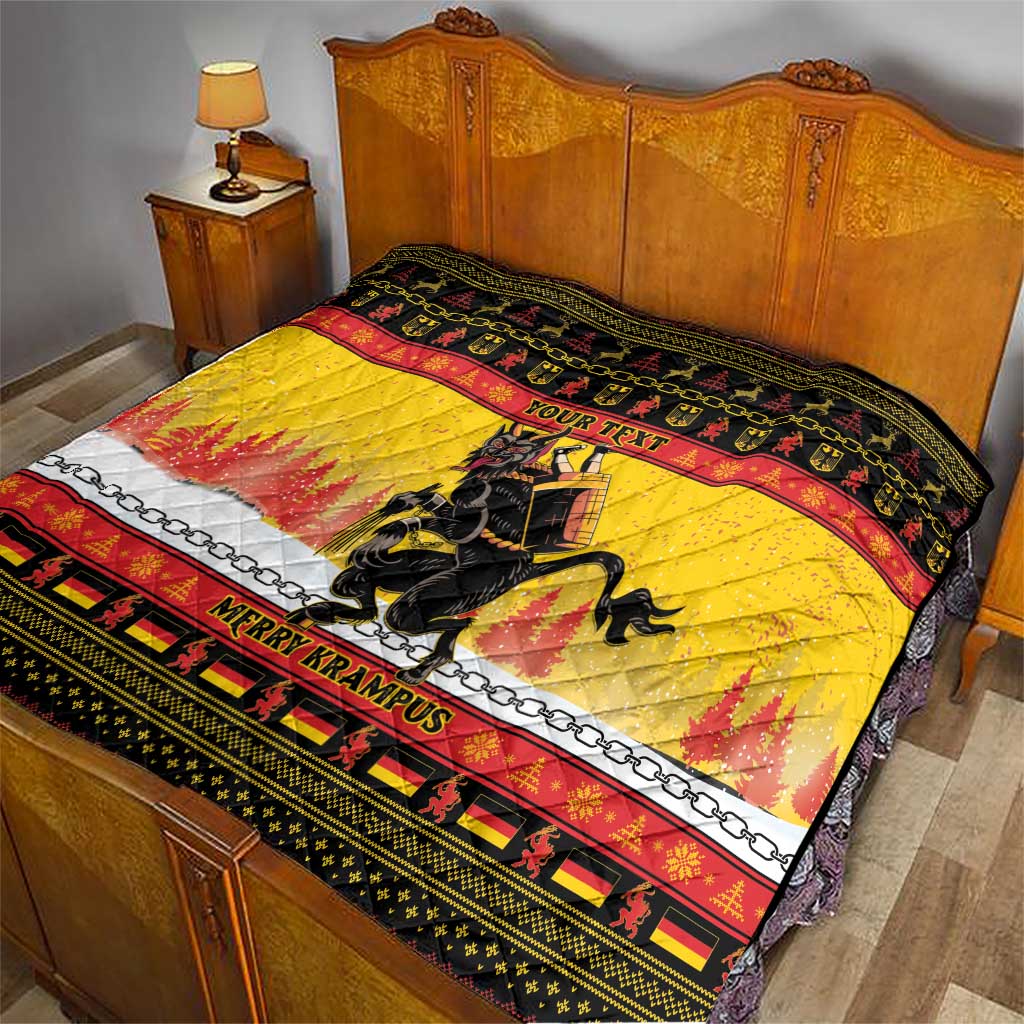Personalized Germany Christmas quilt on bed, yellow/red pattern with black Krampus and 'YOUR TEXT'