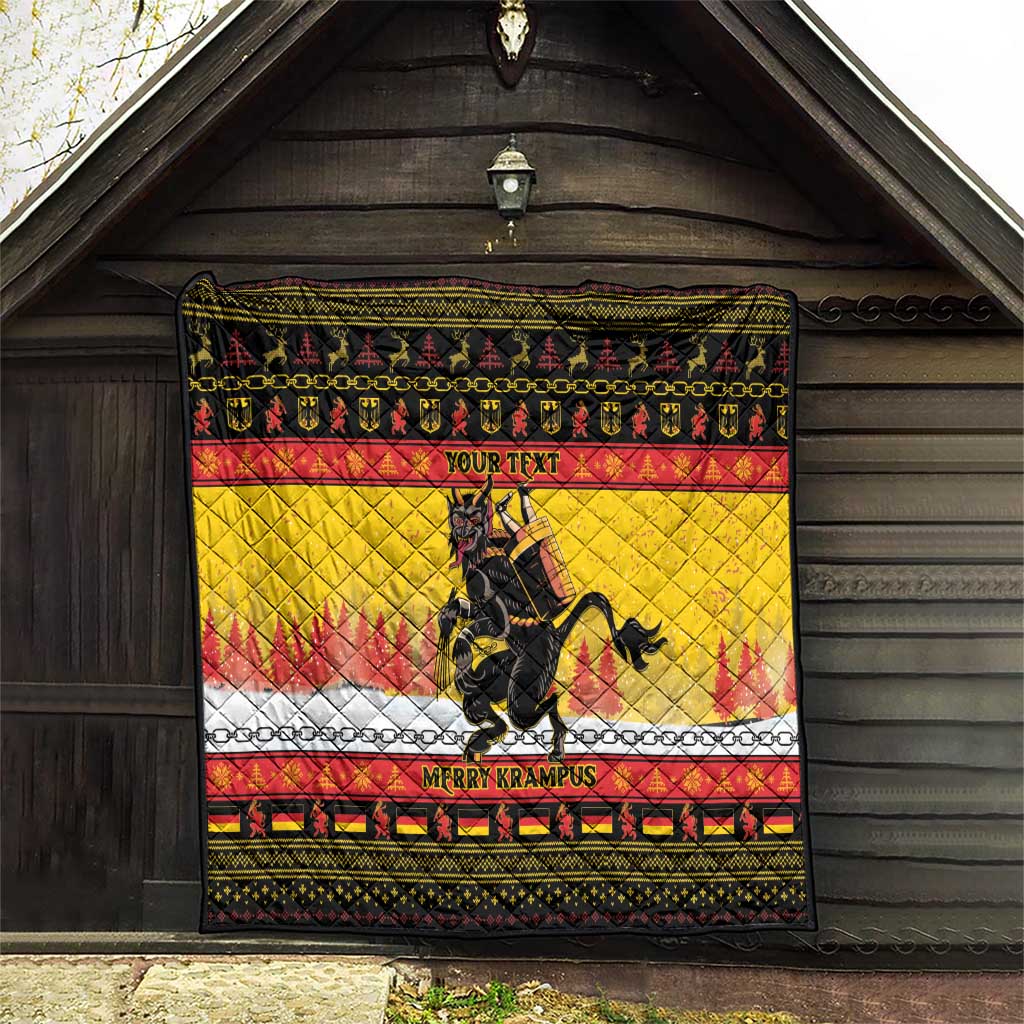 Personalized Germany Christmas quilt hanging outdoors, yellow center with black Krampus and red bands