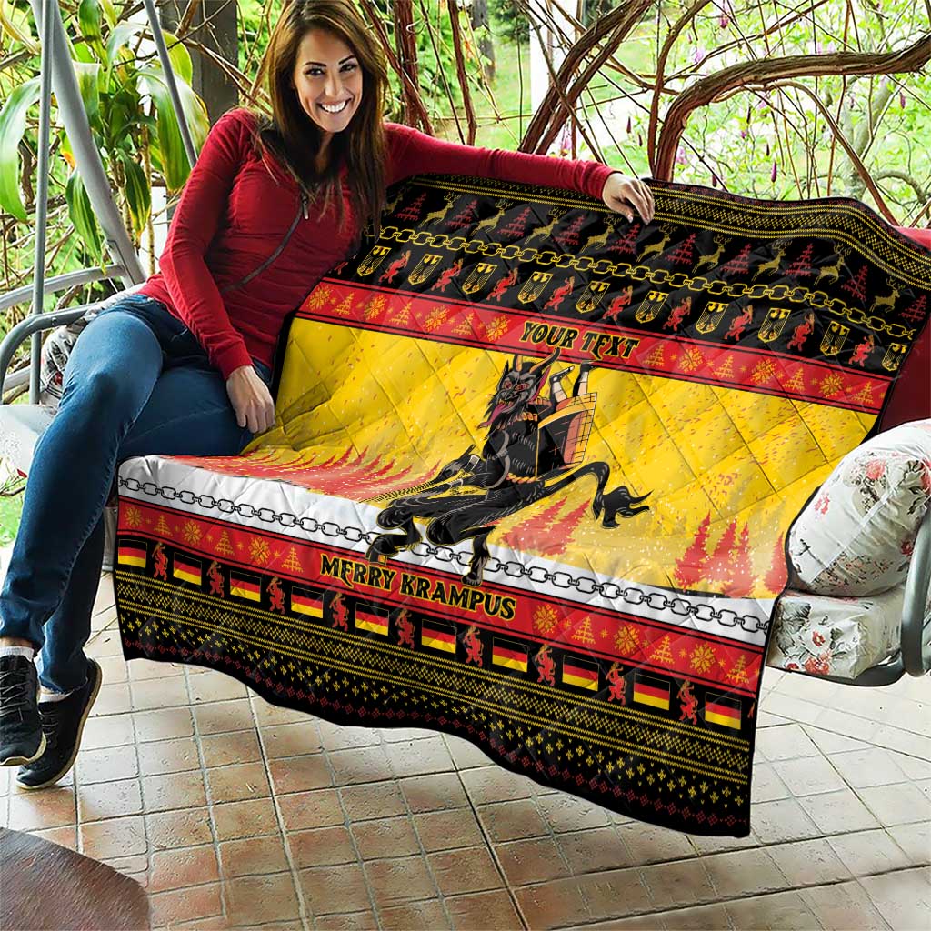 Personalized Germany Christmas quilt on patio couch, yellow/red with black Krampus and 'YOUR TEXT'
