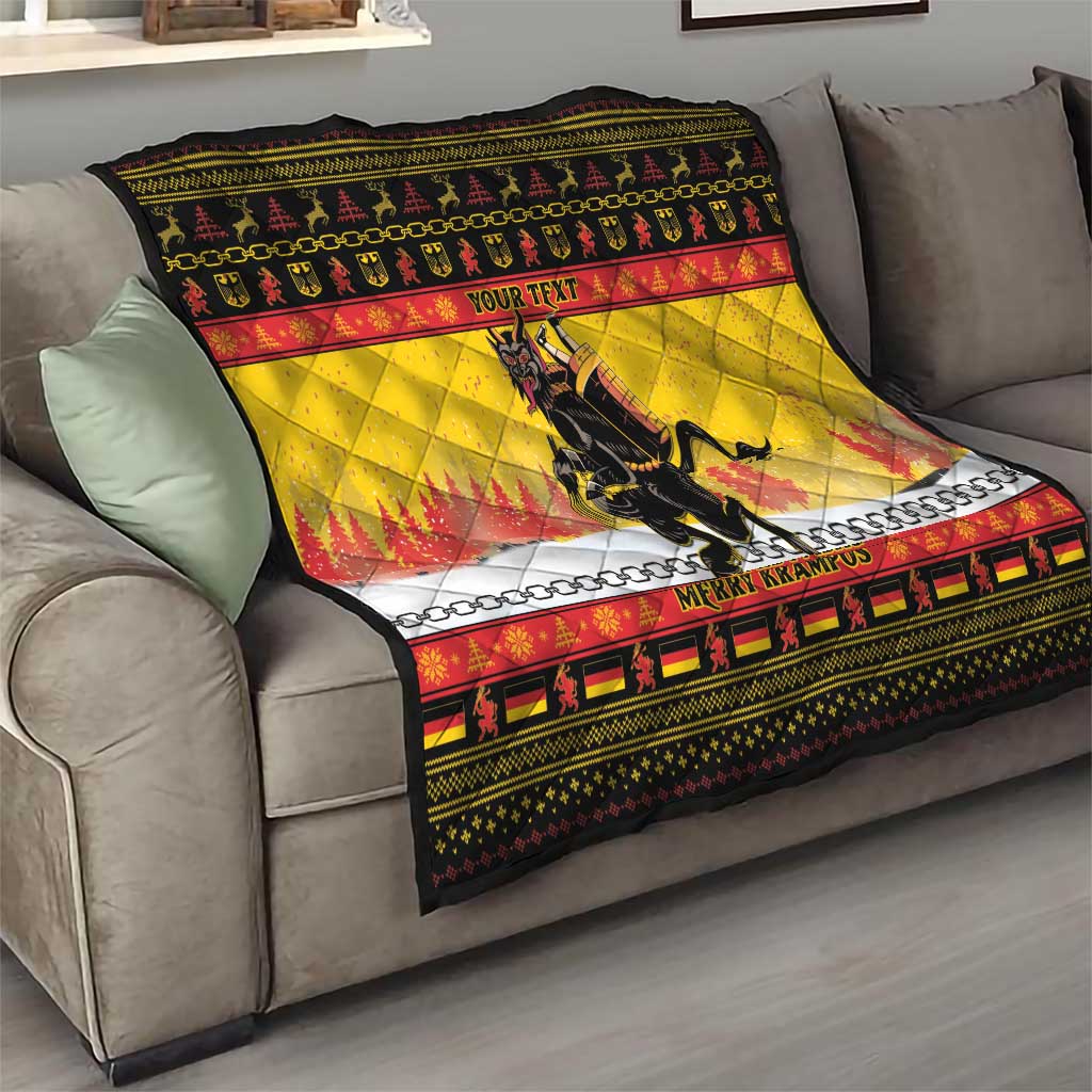 Personalized Germany Christmas quilt on gray sofa, yellow/red with black Krampus and 'MERRY KRAMPUS'